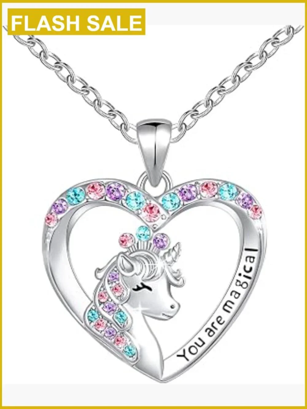 Magical Unicorn Crystal Heart Pendant Necklace for Girls